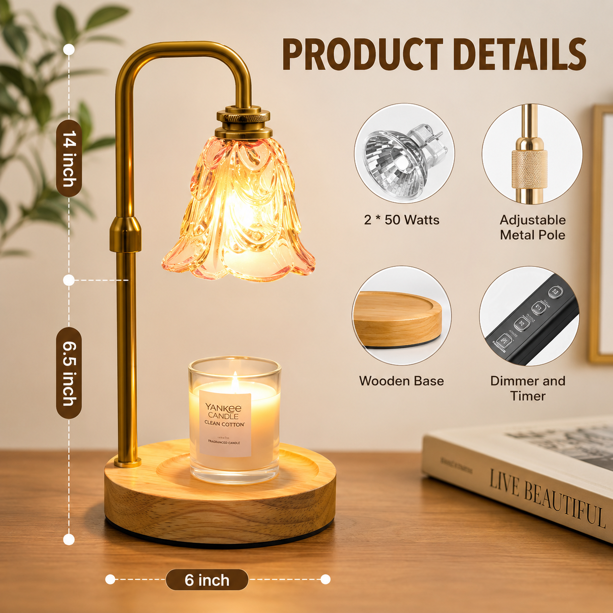 Crystal Candle Warmer Lamp with Timer & Dimmer, Adjustable Height, Safe Flameless Candle Warmer