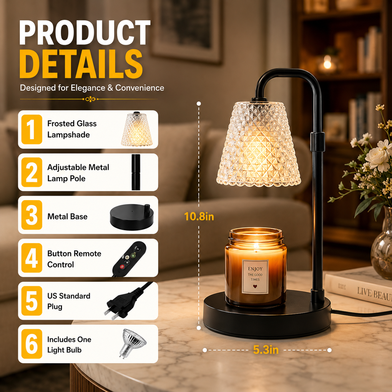 Flameless Candle Warmer Lamp with Dimmable Brightness, Adjustable Height Candle Lamp