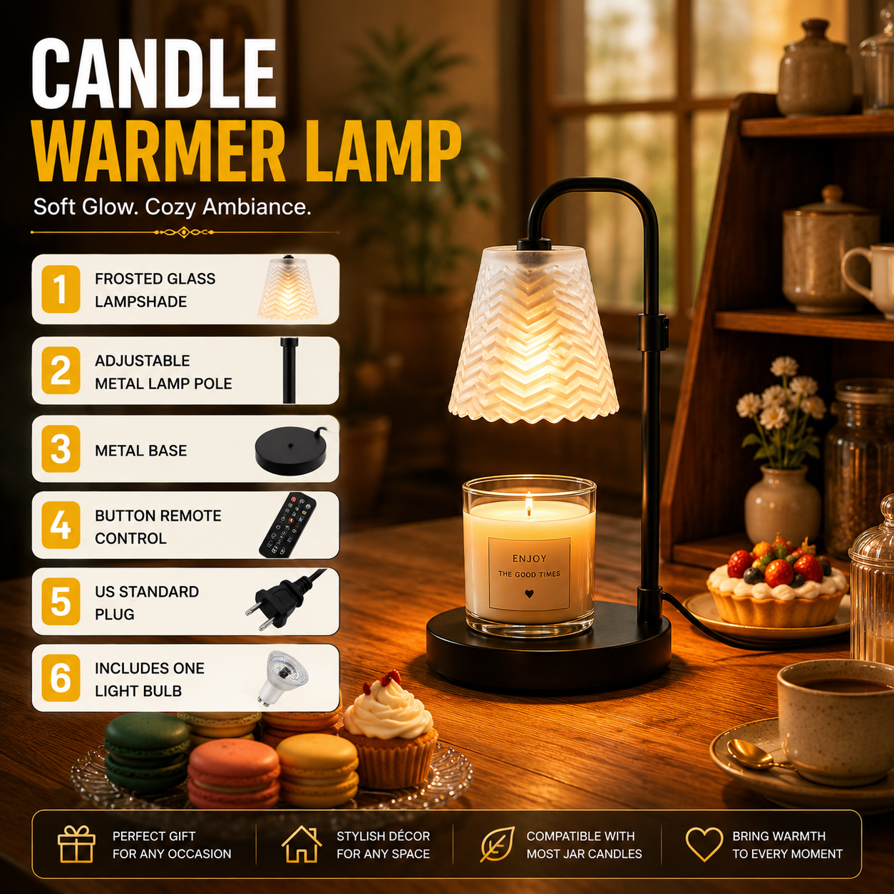 Frosted Glass Candle Warmer Lamp with Adjustable Height & Remote Control