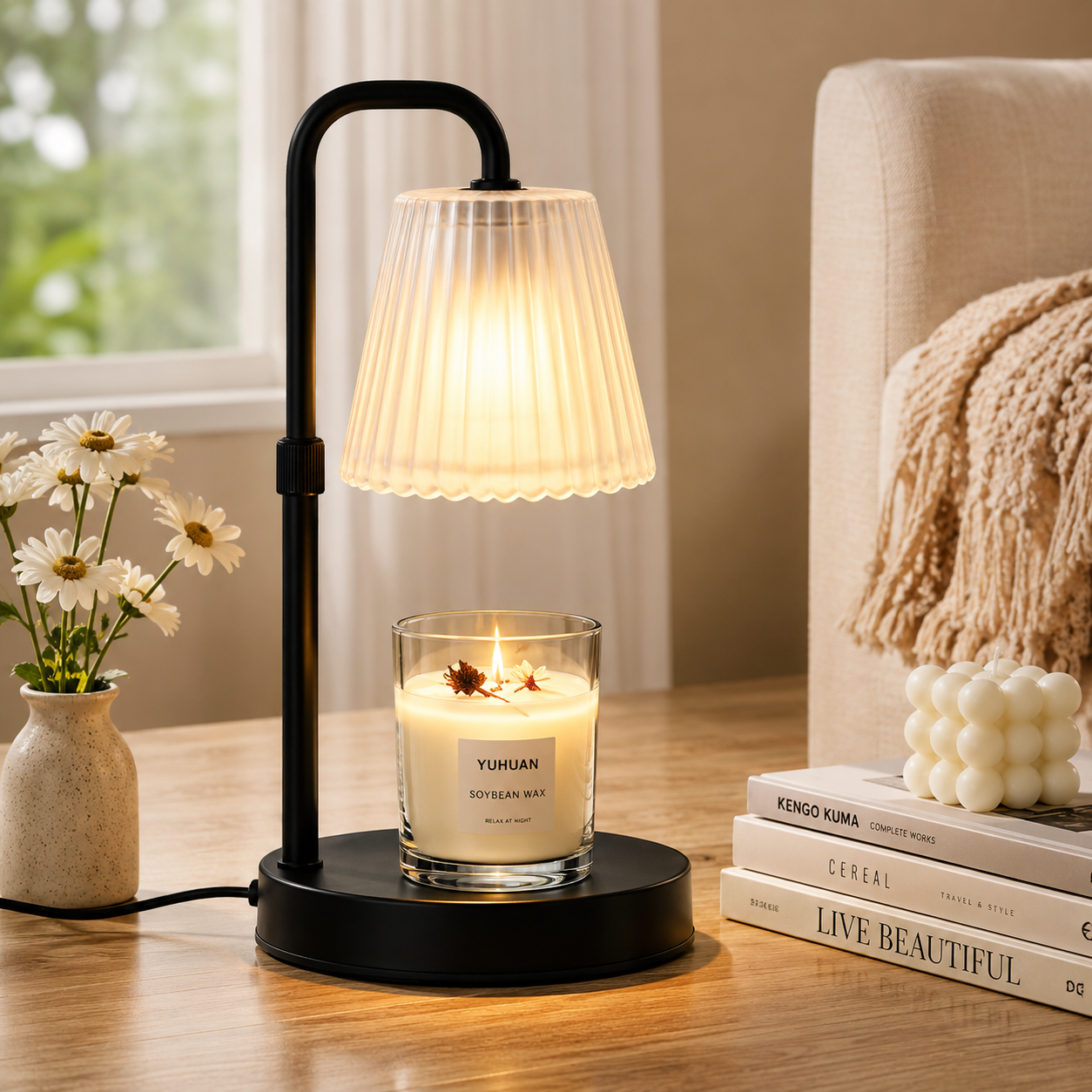 Vintage Candle Warmer Lamp with Frosted Ribbed Glass Shade, Adjustable Height, Dimmable Brightness & Timer