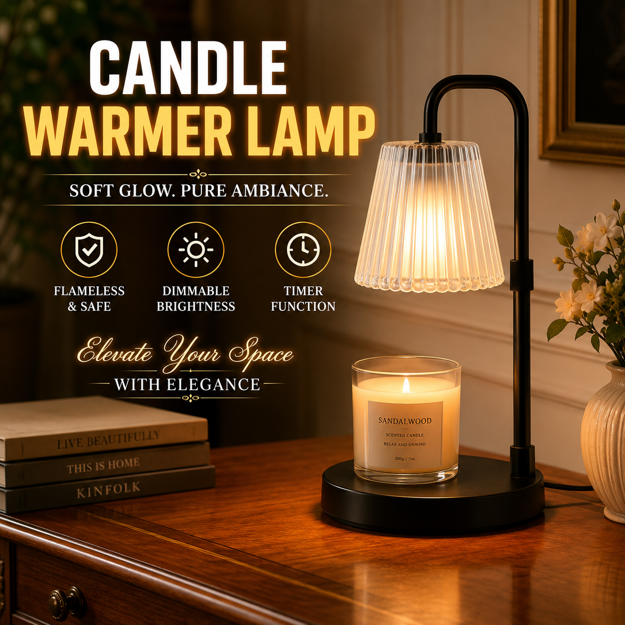 Vintage Candle Warmer Lamp with Frosted Ribbed Glass Shade, Adjustable Height, Dimmable Brightness & Timer