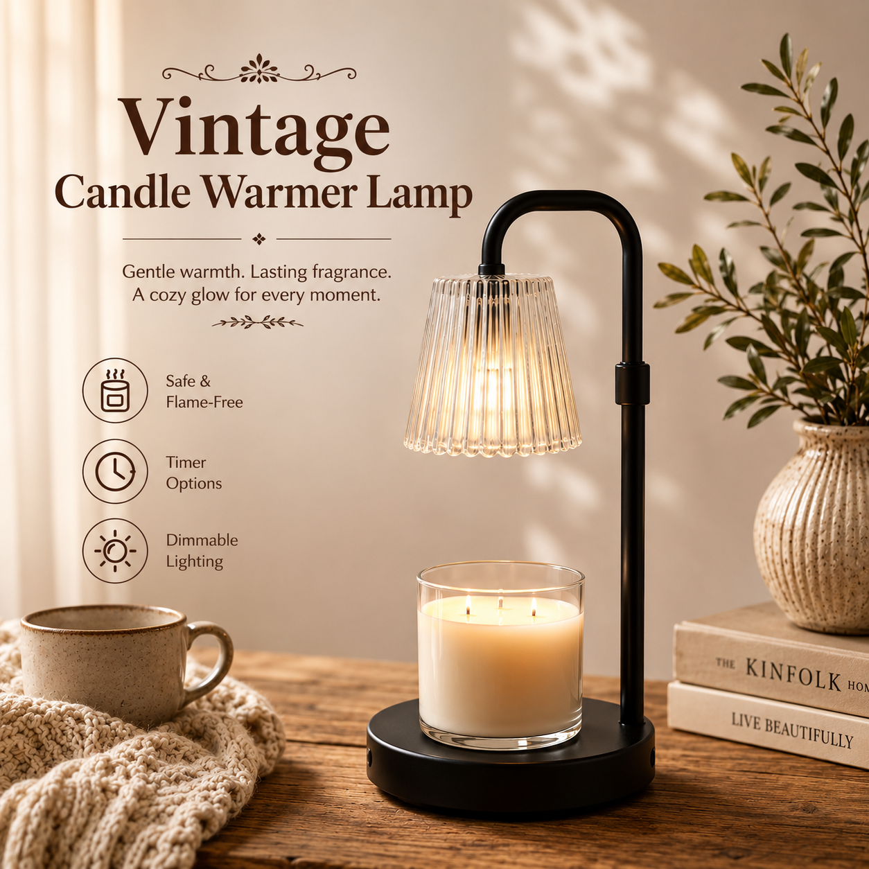 Vintage Candle Warmer Lamp with Frosted Ribbed Glass Shade, Adjustable Height, Dimmable Brightness & Timer