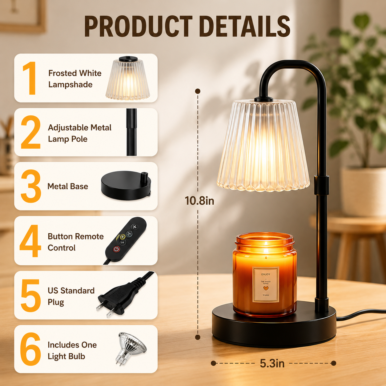 Vintage Candle Warmer Lamp with Frosted Ribbed Glass Shade, Adjustable Height, Dimmable Brightness & Timer